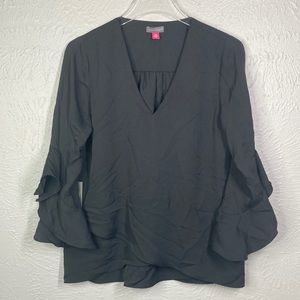 NWT Vince Camuto Black Ruffle Sleeve V-Neck Blouse Women's Size Petite M…